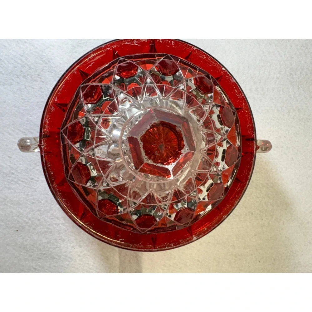 Ruby Stained Pressed Glass Covered Dish Vintage Two Handle Geometric Pattern